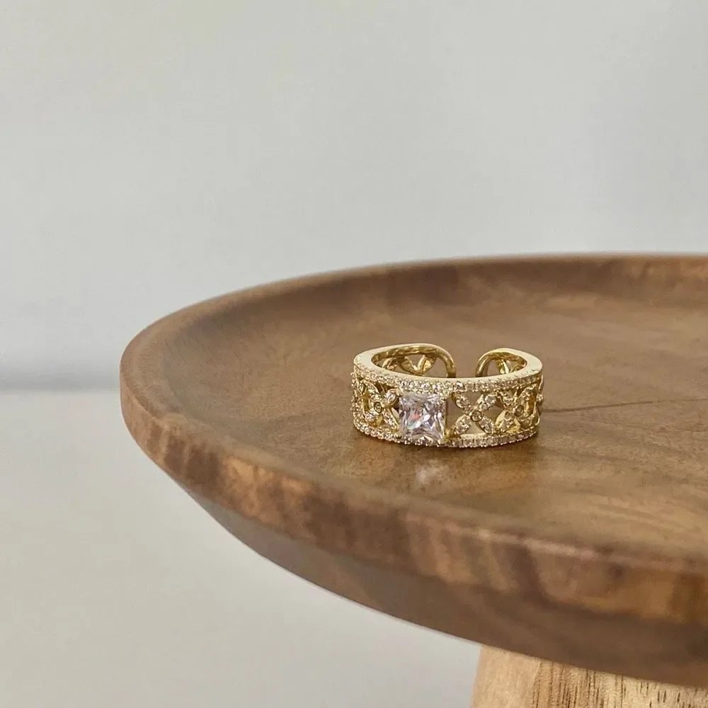 18K Gold Plated Princess Cut Cross Pave Band Ring